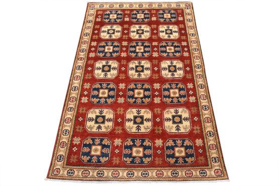 Kazak Rug 4' x 6'2'' Red Wool Tribal Hand-Knotted Oriental Carpet