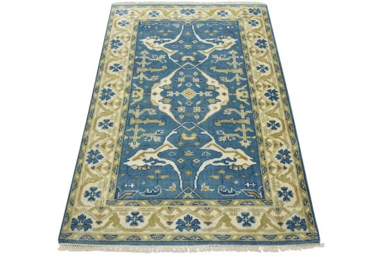 Oushak Rug 4'2'' x 5'10'' Blue Wool Tribal Hand-Knotted Oriental Carpet