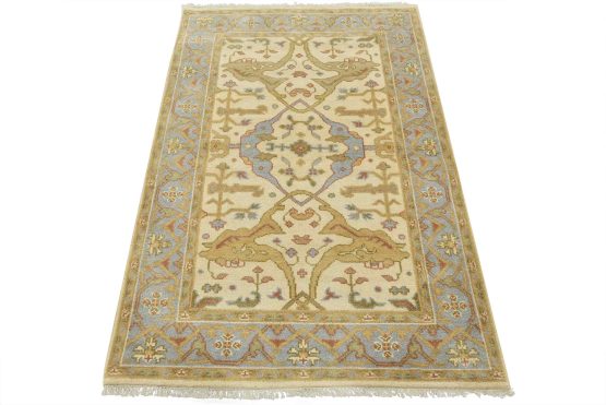 Oushak Rug 4'2'' x 6'1'' Ivory Wool Tribal Hand-Knotted Oriental Carpet