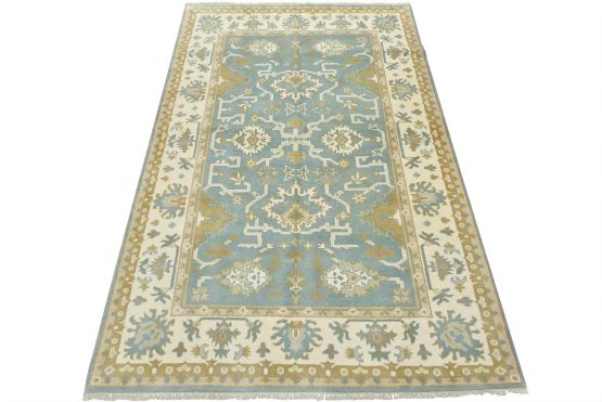 Oushak Rug 6' x 9'4'' Blue Wool Modern Hand-Knotted Oriental Carpet