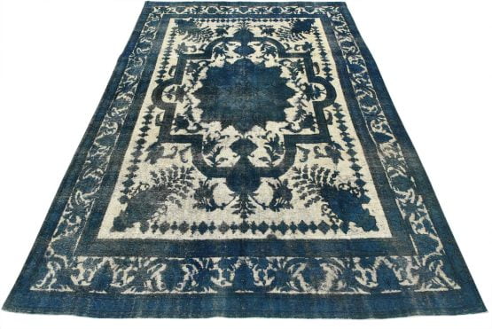 Tabriz Rug 9'8'' x 13'2'' Blue Wool Vintage Overdyed Hand-Knotted Carpet
