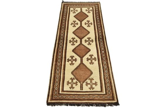 Qashqai Runner 2'10'' x 6'6'' Ivory Wool Vintage Tribal Hand-Knotted Rug