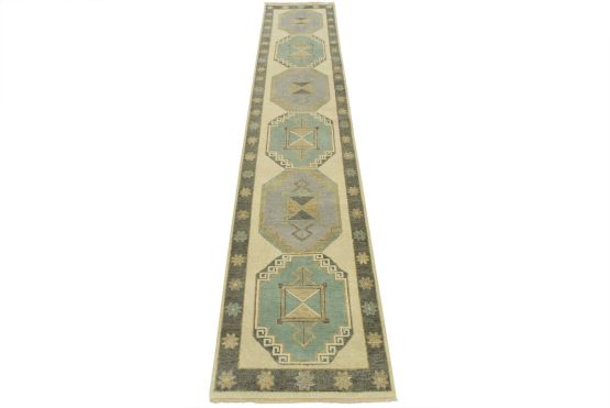 Anatolia Runner 2'11'' x 14'2'' Ivory Wool Tribal Hand-Knotted Oriental Rug