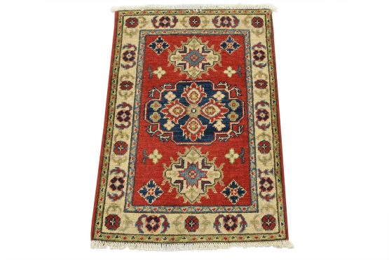 Kazak Rug 2'1'' x 2'11'' Red Wool Tribal Hand-Knotted Oriental Carpet
