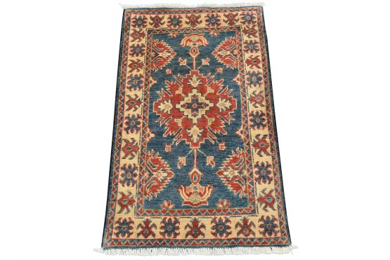 Kazak Rug 2'1'' x 3'5'' Blue Wool Tribal Hand-Knotted Oriental Carpet
