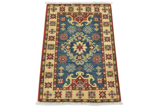 Kazak Rug 2'1'' x 3' Blue Wool Tribal Hand-Knotted Oriental Carpet