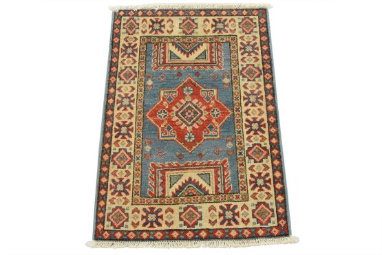 Kazak Rug 2'1'' x 3' Blue Wool Tribal Hand-Knotted Oriental Carpet