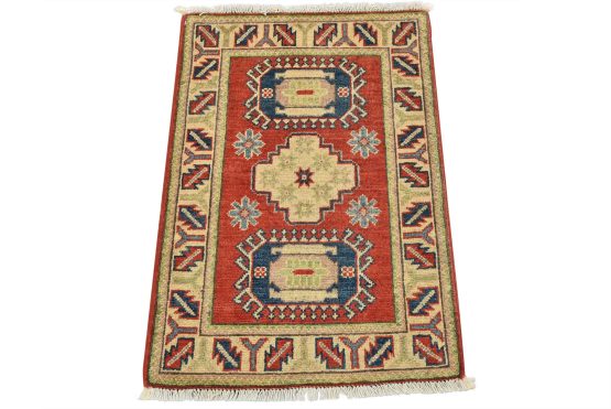 Kazak Rug 2'1'' x 3' Red Wool Tribal Hand-Knotted Oriental Carpet