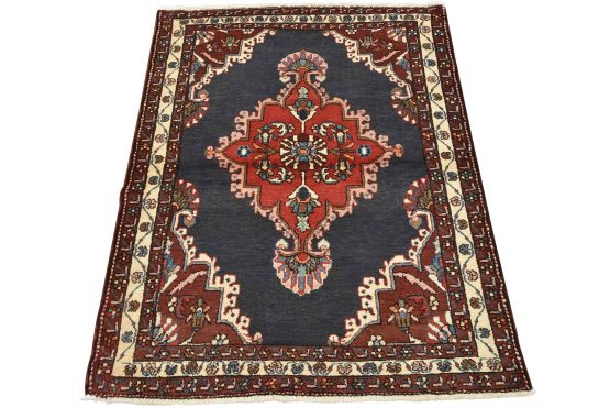 Hamedan Rug 3'9'' x 4'9'' Blue Wool Vintage Tribal Hand-Knotted Oriental Carpet