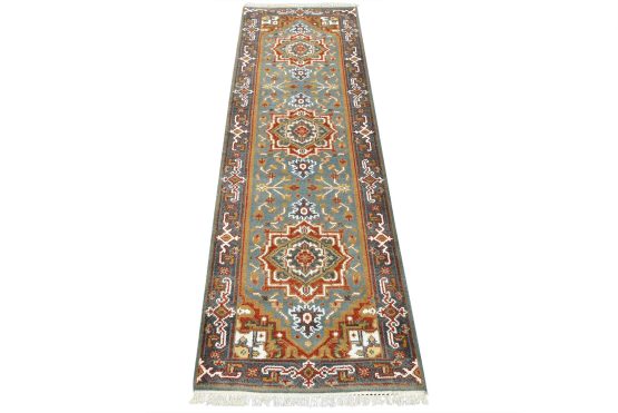 Heriz Runner 2'7'' x 8' Blue Wool Tribal Hand-Knotted Oriental Rug