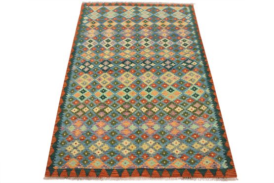 Kilim Rug 4'1'' x 5'10'' Blue Wool Tribal Handwoven Oriental Carpet