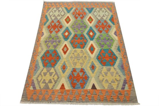 Kilim Rug 4'2'' x 5'6'' Multicolor Wool Tribal Handwoven Oriental Carpet