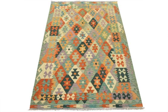 Kilim Rug 4'1'' x 6'1'' Multicolor Wool Tribal Handwoven Oriental Carpet
