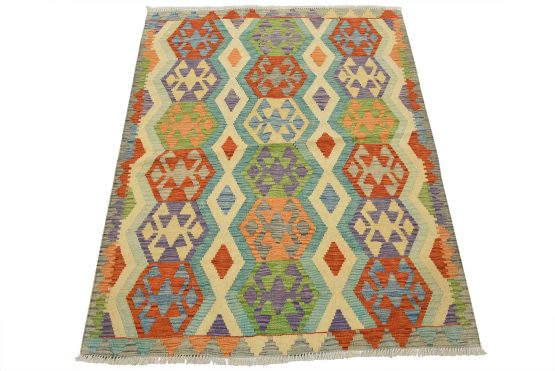 Kilim Rug 4'2'' x 5'5'' Multicolor Wool Tribal Handwoven Oriental Carpet