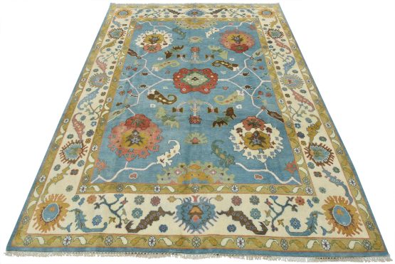 Oushak Rug 9' x 11'8'' Blue Wool Traditional Hand-Knotted Oriental Carpet