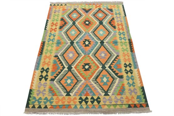 Kilim Rug 4'3'' x 5'9'' Multicolor Wool Tribal Handwoven Oriental Carpet