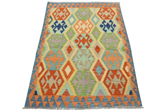 Kilim Rug 4' x 5'6'' Multicolor Wool Tribal Handwoven Oriental Carpet