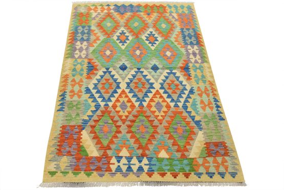 Kilim Rug 4'1'' x 5'8'' Multicolor Wool Tribal Handwoven Oriental Carpet