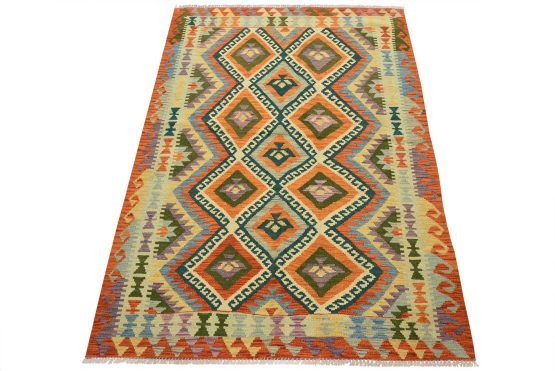 Kilim Rug 4'1'' x 5'11'' Multicolor Wool Tribal Handwoven Oriental Carpet