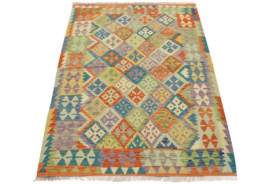 Kilim Rug 4'2'' x 5'6'' Multicolor Wool Tribal Handwoven Oriental Carpet