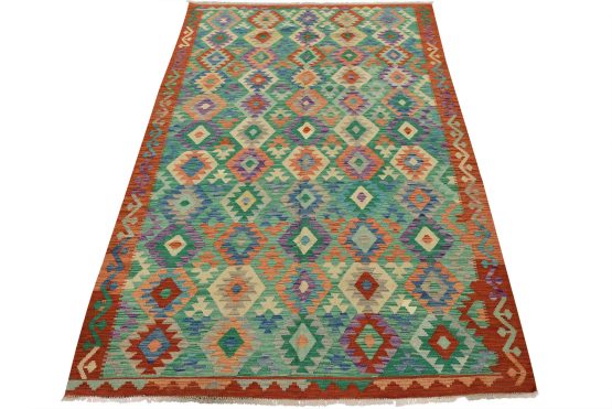 Kilim Rug 6'7'' x 9'10'' Green Wool Geometric Handwoven Oriental Carpet