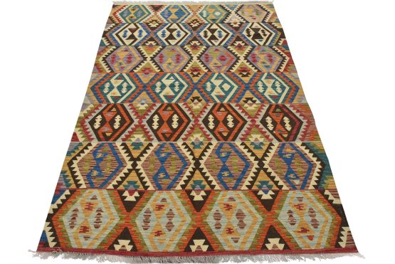 Kilim Rug 6'10'' x 9'9'' Multicolor Wool Geometric Handwoven Oriental Carpet