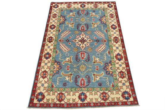Kazak Rug 4'1'' x 5'11'' Blue Wool Tribal Hand-Knotted Oriental Carpet