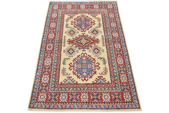 Kazak Rug 4' x 5'11'' Beige Wool Tribal Hand-Knotted Oriental Carpet