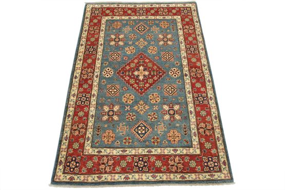 Kazak Rug 3'11'' x 5'9'' Blue Wool Tribal Hand-Knotted Oriental Carpet