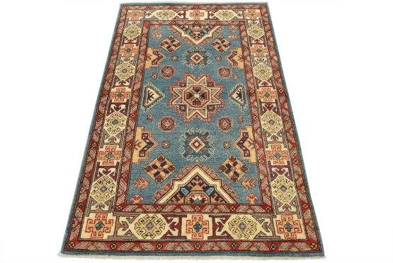 Kazak Rug 3'11'' x 5'11'' Blue Wool Tribal Hand-Knotted Oriental Carpet