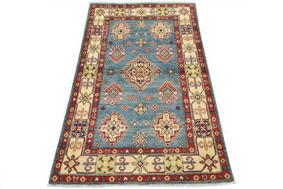 Kazak Rug 4' x 5'10'' Blue Wool Tribal Hand-Knotted Oriental Carpet