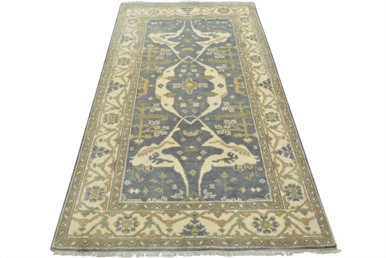 Oushak Rug 4'11'' x 7'10'' Blue Wool Tribal Hand-Knotted Oriental Carpet