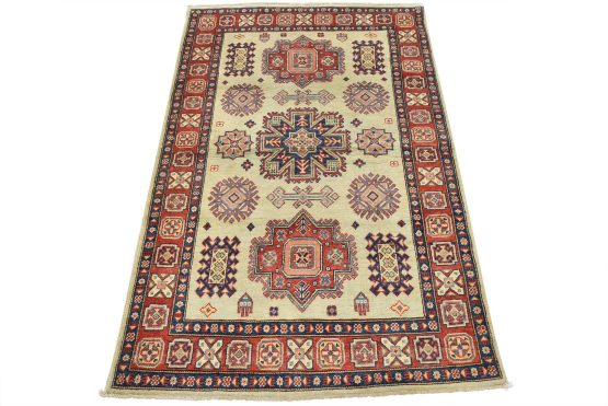 Kazak Rug 4' x 6'1'' Blue Wool Tribal Hand-Knotted Oriental Carpet