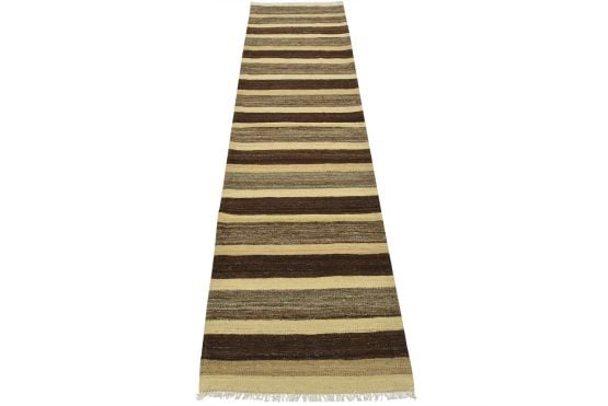 Kilim Runner 2'7'' x 9'6'' Brown Wool Striped Handwoven Oriental Rug