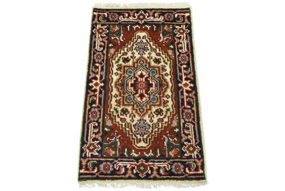 Heriz Rug 1'11'' x 3'2'' Ivory Wool Tribal Hand-Knotted Oriental Carpet