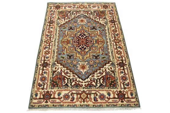 Heriz Rug 4'1'' x 6' Blue Wool Tribal Hand-Knotted Oriental Carpet