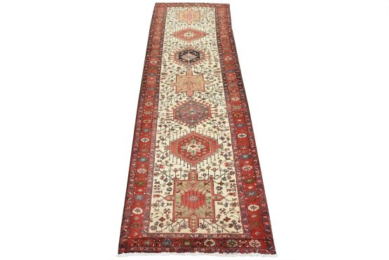 Karajeh Runner 3'6'' x 10'6'' Ivory Wool Tribal Semi-Antique Hand-Knotted Rug