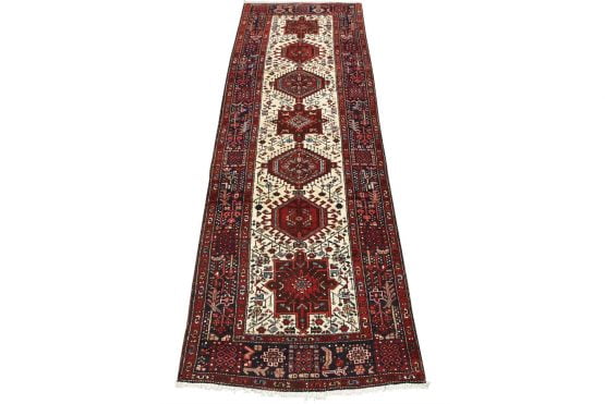 Karajeh Runner 3'7'' x 10'6'' Ivory Wool Semi-Antique Tribal Hand-Knotted Rug