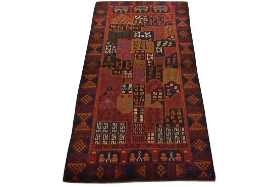 Baloch Rug 3'6'' x 6'2'' Red Wool Vintage Tribal Hand-Knotted Oriental Carpet