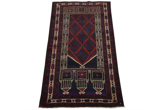 Baloch Rug 2'11'' x 4'11'' Red Wool Vintage Tribal Hand-Knotted Oriental Carpet