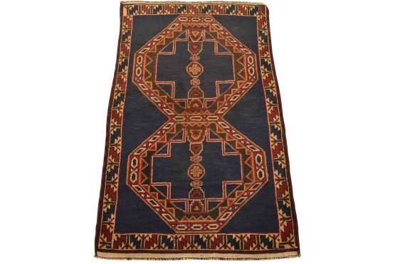 Baloch Rug 2'10'' x 4'5'' Blue Wool Vintage Tribal Hand-Knotted Oriental Carpet