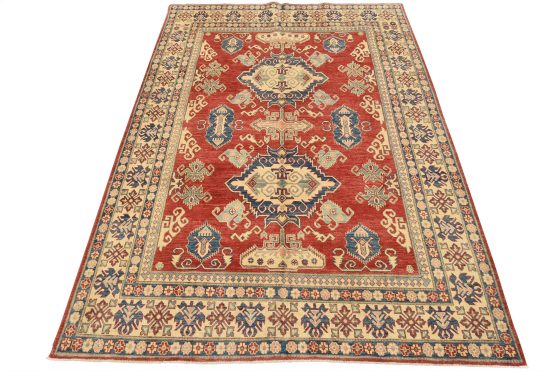 Kazak Rug 7'2'' x 9'9'' Red Wool Tribal Hand-Knotted Oriental Carpet