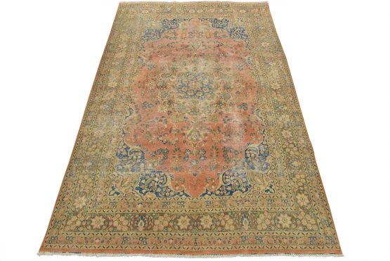 Tabriz Rug 6'6'' x 9'9'' Pink Wool Vintage Distressed Hand-Knotted Carpet
