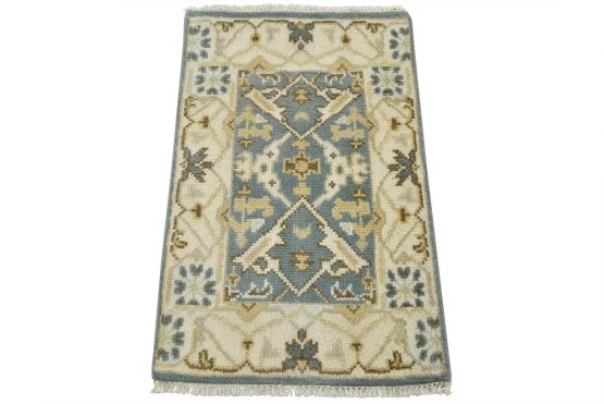 Oushak Rug 2'1'' x 3'2'' Blue Wool Tribal Hand-Knotted Oriental Carpet