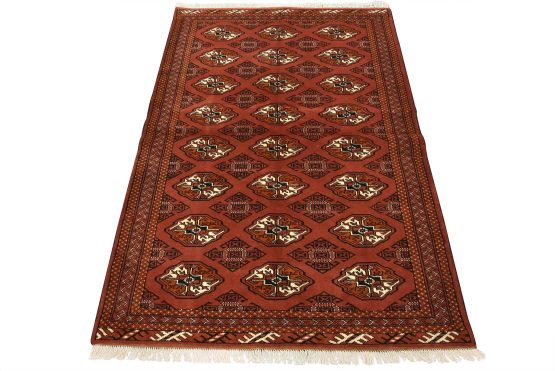 Turkmen Rug 4'4'' x 6'4'' Red Wool Vintage Tribal Hand-Knotted Oriental Carpet