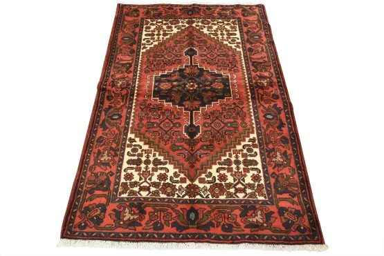Hamedan Rug 4'3'' x 6'5'' Red Wool Vintage Tribal Hand-Knotted Oriental Carpet