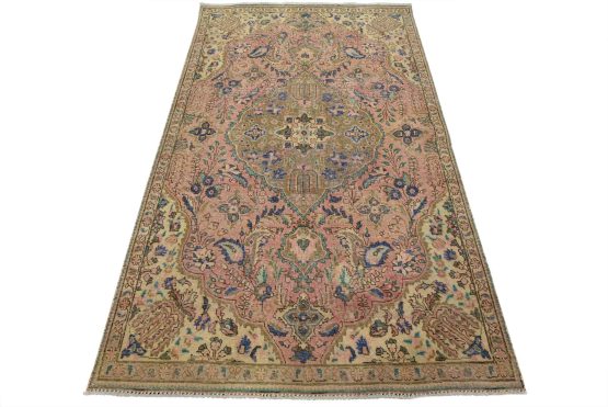 Tabriz Rug 5'3'' x 8'4'' Pink Wool Vintage Distressed Hand-Knotted Carpet