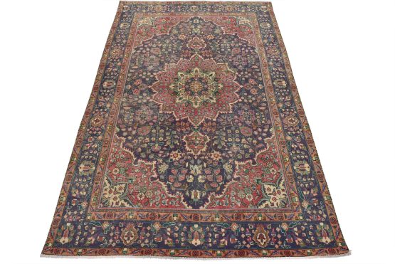 Tabriz Rug 6'9'' x 9'11'' Purple Wool Vintage Distressed Hand-Knotted Carpet