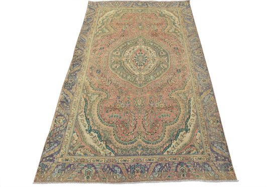 Tabriz Rug 6'3'' x 9'8'' Pink Wool Vintage Distressed Hand-Knotted Carpet