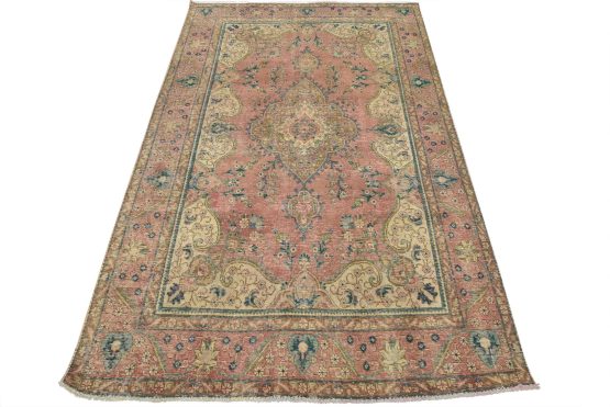 Tabriz Rug 6'6'' x 9'11'' Pink Wool Vintage Distressed Hand-Knotted Carpet